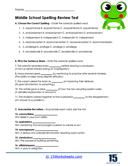 Middle Review Worksheet