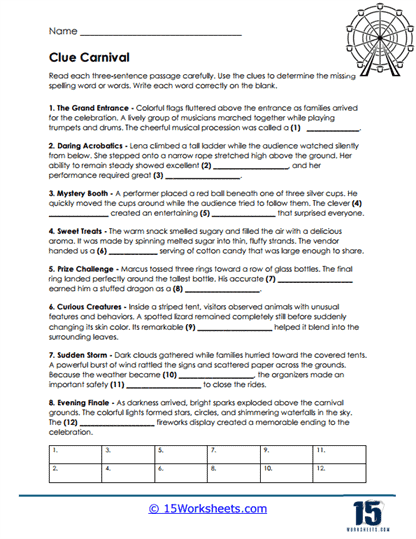 Carnival Clues Worksheet