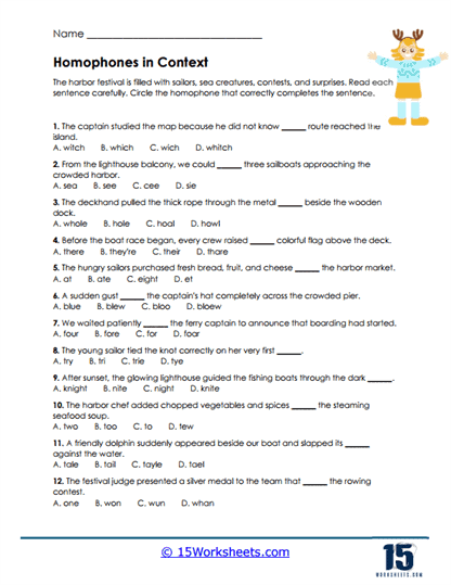 Harbor Homophones Worksheet