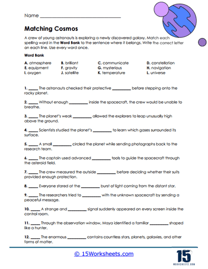 Cosmic Matches Worksheet