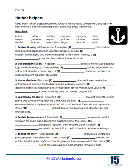 Harbor Helpers Worksheet